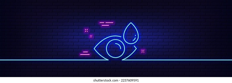 Neon light glow effect. Eye drops line icon. Oculist clinic sign. Optometry vision symbol. 3d line neon glow icon. Brick wall banner. Eye drops outline. Vector