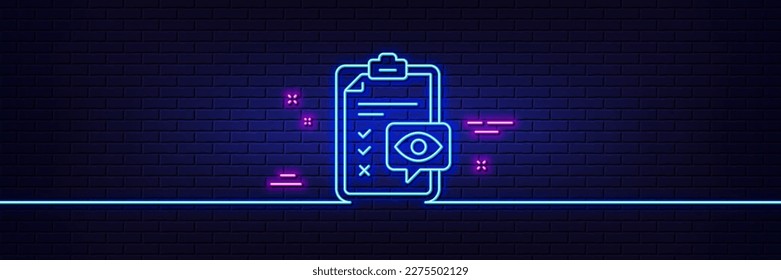 Neonhellgrauer Effekt. Das Symbol der Augenteckliste. Okulistisches Klinikzeichen. Kontrollsymbol für die Optometrie. 3D-Linie Neonglühsymbol. Brick-Wand-Banner. Augenteckliste umrissen. Vektorgrafik