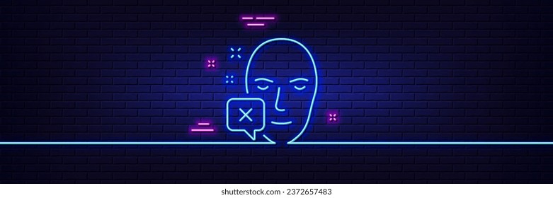 Neon light glow effect. Face declined line icon. Human profile sign. Facial identification error symbol. 3d line neon glow icon. Brick wall banner. Face declined outline. Vector