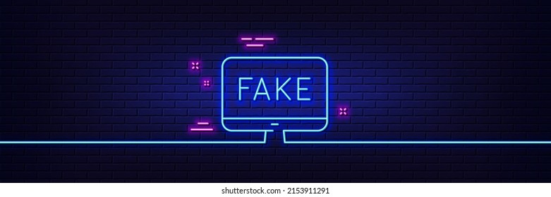 Neon Light Glow Effect. Fake News Line Icon. Propaganda Conspiracy Tv Sign. Wrong Truth Symbol. 3d Line Neon Glow Icon. Brick Wall Banner. Fake News Outline. Vector