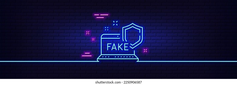 Efecto luminoso neón. Icono de línea de Internet falsa. Signo de propaganda web. Símbolo de la verdad equivocado. Icono de resplandor de neón de 3d línea. Banner de pared de ladrillo. Esbozo falso de Internet. Vector