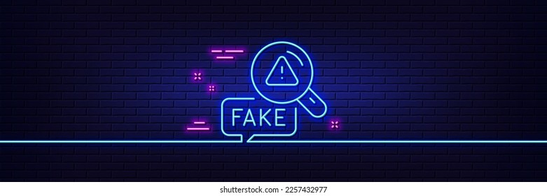 Neon light glow effect. Fake news line icon. Propaganda conspiracy sign. Check wrong truth symbol. 3d line neon glow icon. Brick wall banner. Fake news outline. Vector