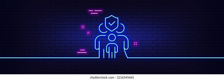 Neon light glow effect. Family insurance line icon. Health coverage sign. Life protection policy symbol. 3d line neon glow icon. Brick wall banner. Family insurance outline. Vector