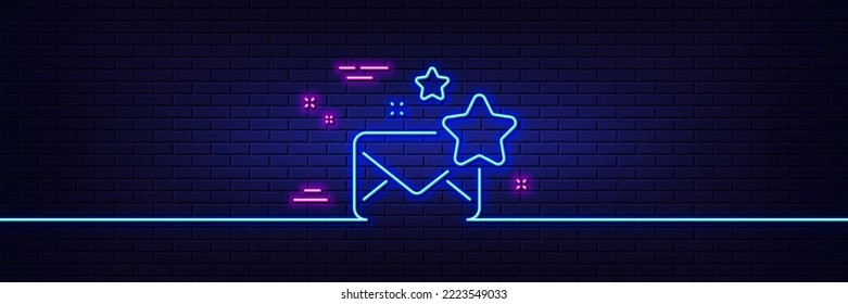 Neon light glow effect. Favorite mail line icon. Letter with stars sign. Best email symbol. 3d line neon glow icon. Brick wall banner. Favorite mail outline. Vector