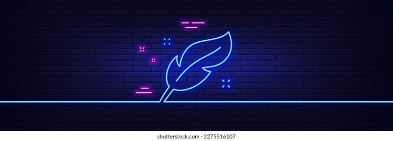 Neon light glow effect. Feather quill pen line icon. Calligraphy nib sign. Lightweight symbol. 3d line neon glow icon. Brick wall banner. Feather outline. Vector