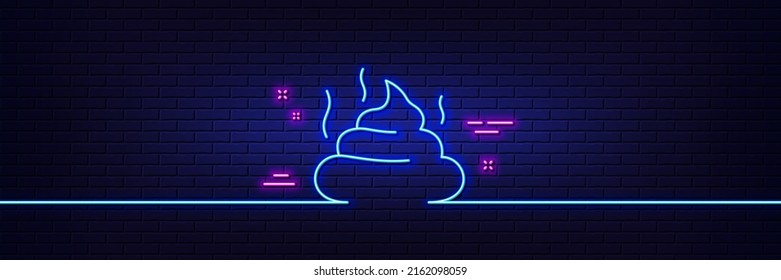 Neon light glow effect. Feces line icon. Pets excrement sign. Poop or turd symbol. 3d line neon glow icon. Brick wall banner. Feces outline. Vector