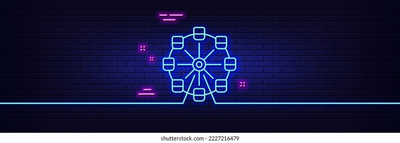 Neon light glow effect. Ferris wheel line icon. Amusement park sign. Carousels symbol. 3d line neon glow icon. Brick wall banner. Ferris wheel outline. Vector