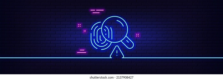Neon light glow effect. Fingerprint line icon. Finger print scan sign. Biometric identity symbol. 3d line neon glow icon. Brick wall banner. Fingerprint outline. Vector