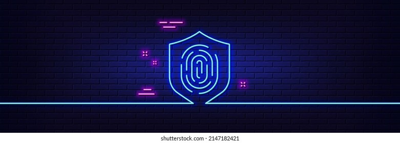 Neon light glow effect. Fingerprint line icon. Finger print protection sign. Biometric identity symbol. 3d line neon glow icon. Brick wall banner. Fingerprint outline. Vector