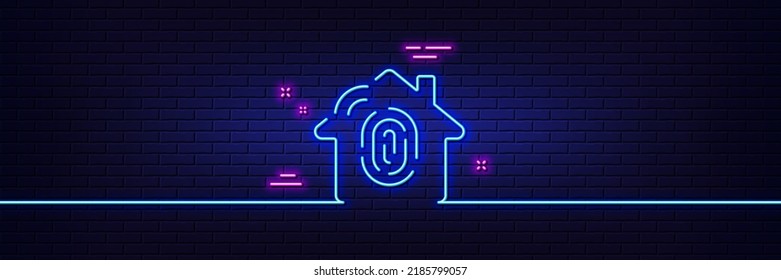 Neon light glow effect. Fingerprint access line icon. House protection sign. Biometric identity symbol. 3d line neon glow icon. Brick wall banner. Fingerprint access outline. Vector