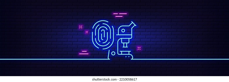 Neon light glow effect. Fingerprint research line icon. Microscope investigation sign. Biometric identity symbol. 3d line neon glow icon. Brick wall banner. Fingerprint research outline. Vector