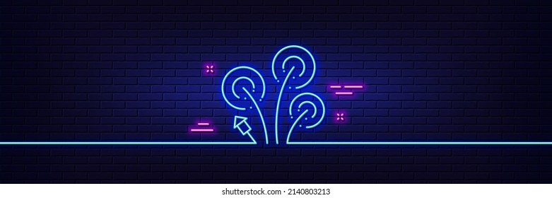 Neon light glow effect. Fireworks line icon. Pyrotechnic salute sign. Carnival celebration lights symbol. 3d line neon glow icon. Brick wall banner. Fireworks outline. Vector