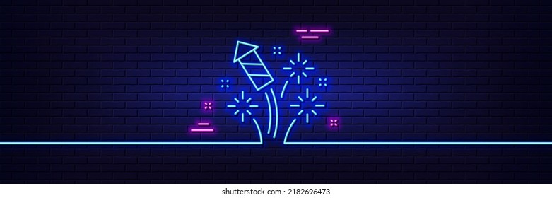 Neon light glow effect. Fireworks rocket line icon. Pyrotechnic salute sign. Carnival celebration lights symbol. 3d line neon glow icon. Brick wall banner. Fireworks rocket outline. Vector