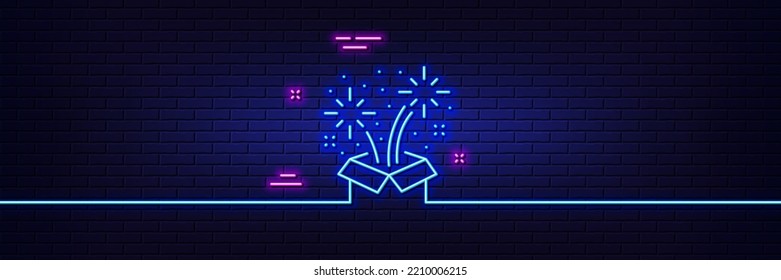 Neon light glow effect. Fireworks line icon. Pyrotechnic salute sign. Carnival celebration lights symbol. 3d line neon glow icon. Brick wall banner. Fireworks outline. Vector