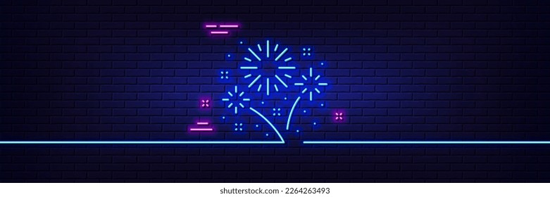 Neon light glow effect. Fireworks line icon. Pyrotechnic salute sign. Carnival celebration lights symbol. 3d line neon glow icon. Brick wall banner. Fireworks outline. Vector