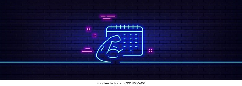 Neon Light Glow Effect. Fitness Calendar Line Icon. Strong Muscle Arm Sign. Gym Fit Training Symbol. 3d Line Neon Glow Icon. Brick Wall Banner. Fitness Calendar Outline. Vector