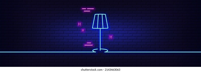 Neon light glow effect. Floor lamp line icon. Stand light sign. Interior illuminate symbol. 3d line neon glow icon. Brick wall banner. Floor lamp outline. Vector