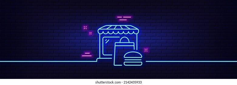 Neon light glow effect. Food market line icon. Fast food restaurant sign. Retail marketplace symbol. 3d line neon glow icon. Brick wall banner. Food market outline. Vector