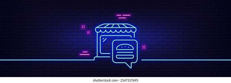 Efecto luminoso neón. Icono de línea de mercado de alimentos. Señal de restaurante de comida rápida. Símbolo del mercado minorista. Icono de resplandor de neón de 3d línea. Banner de pared de ladrillo. Esbozo del mercado alimentario. Vector