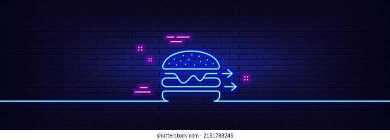 Neon light glow effect. Food delivery line icon. Burger meal sign. Catering service symbol. 3d line neon glow icon. Brick wall banner. Food delivery outline. Vector