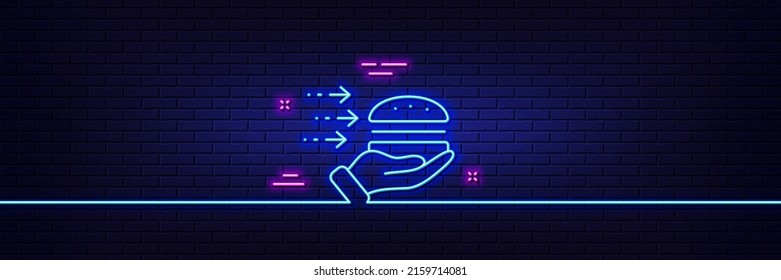 Neon light glow effect. Food delivery line icon. Burger meal sign. Catering service symbol. 3d line neon glow icon. Brick wall banner. Food delivery outline. Vector