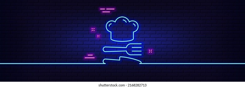 Neon light glow effect. Food line icon. Cooking chef sign. Fork, knife symbol. 3d line neon glow icon. Brick wall banner. Food outline. Vector