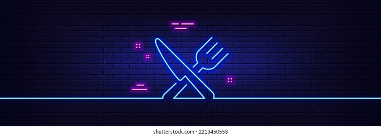 Neon light glow effect. Food line icon. Cutlery sign. Fork, knife symbol. 3d line neon glow icon. Brick wall banner. Food outline. Vector