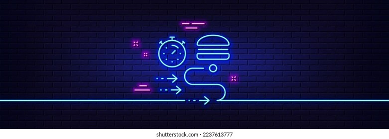 Neon light glow effect. Food delivery line icon. Order time sign. Catering service symbol. 3d line neon glow icon. Brick wall banner. Food delivery outline. Vector