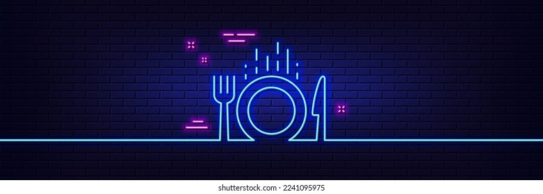 Neon light glow effect. Food line icon. Cutlery sign. Fork, knife symbol. 3d line neon glow icon. Brick wall banner. Food outline. Vector