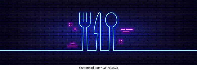 Neon light glow effect. Food line icon. Cutlery sign. Fork, knife, spoon symbol. 3d line neon glow icon. Brick wall banner. Food outline. Vector