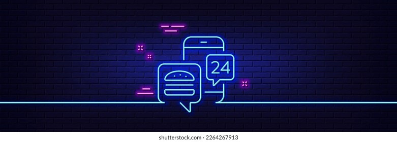 Neon light glow effect. Food delivery app line icon. Contactless meal order sign. Grocery phone application symbol. 3d line neon glow icon. Brick wall banner. Food app outline. Vector