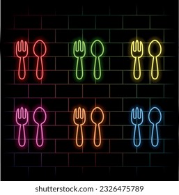 Neon light glow effect. Food line icon. Cutlery sign. Fork, knife, spoon symbol. 3d line neon glow icon. Brick wall banner. Food outline. Vector. many colors.