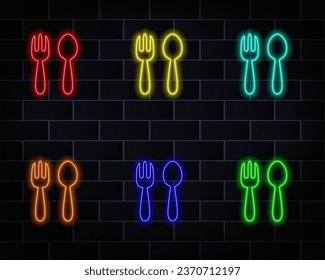 Neon light glow effect. Food line icon. Cutlery sign. Fork, knife, spoon symbol. 3D line neon glow icon. Brick wall banner. Food sketch. Vector. red. yellow, blue, pink, orange..
