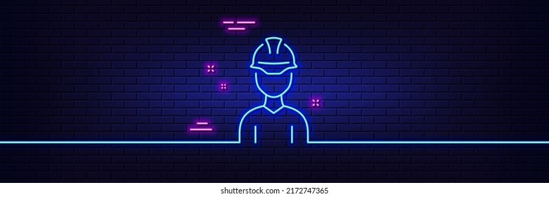 Neon light glow effect. Foreman line icon. Engineer or architect sign. Construction helmet symbol. 3d line neon glow icon. Brick wall banner. Foreman outline. Vector