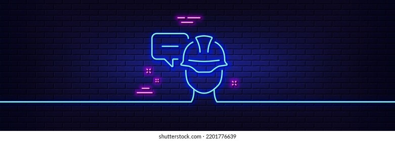 Neon light glow effect. Foreman talk line icon. Engineer or architect sign. Construction helmet symbol. 3d line neon glow icon. Brick wall banner. Foreman outline. Vector