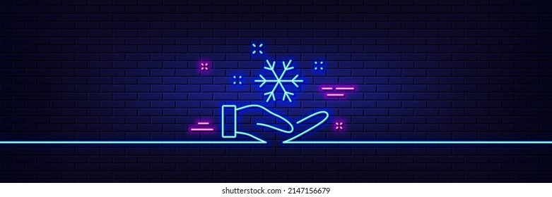 Neon light glow effect. Freezing hand line icon. AC cold temperature sign. Fridge function symbol. 3d line neon glow icon. Brick wall banner. Freezing outline. Vector