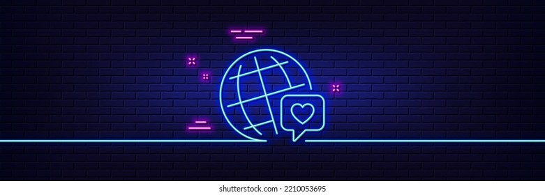 Neon light glow effect. Friends world line icon. Friendship love sign. World brand ambassador symbol. 3d line neon glow icon. Brick wall banner. World brand outline. Vector