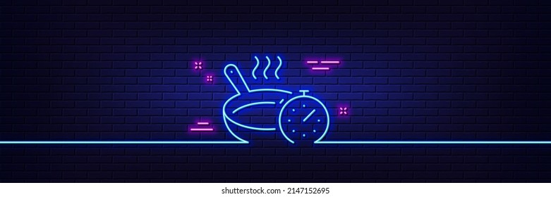 Neon light glow effect. Frying pan line icon. Cooking timer sign. Food preparation symbol. 3d line neon glow icon. Brick wall banner. Frying pan outline. Vector