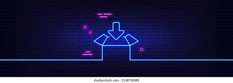 Neon light glow effect. Get box line icon. Open delivery parcel sign. Cargo package symbol. 3d line neon glow icon. Brick wall banner. Get box outline. Vector