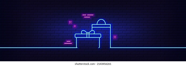 Neon light glow effect. Gift box with bag line icon. Present or Sale sign. Birthday Shopping symbol. Package in Gift Wrap. 3d line neon glow icon. Brick wall banner. Gifts outline. Vector