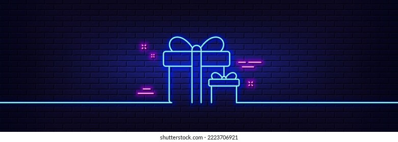 Neon light glow effect. Gift boxes line icon. Present or Sale sign. Birthday Shopping symbol. Package in Gift Wrap. 3d line neon glow icon. Brick wall banner. Surprise package outline. Vector