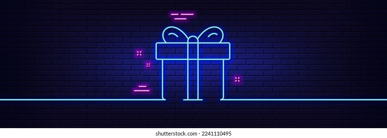 Neon light glow effect. Gift box line icon. Present or Sale sign. Birthday Shopping symbol. Package in Gift Wrap. 3d line neon glow icon. Brick wall banner. Gift box outline. Vector