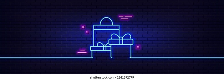 Neon light glow effect. Gift boxes with bag line icon. Present or Sale sign. Birthday Shopping symbol. Package in Gift Wrap. 3d line neon glow icon. Brick wall banner. Shopping outline. Vector