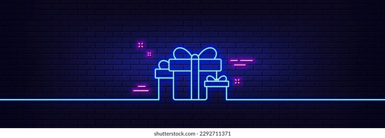 Neon light glow effect. Gift boxes line icon. Present or Sale sign. Birthday Shopping symbol. Package in Gift Wrap. 3d line neon glow icon. Brick wall banner. Holiday presents outline. Vector