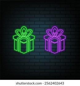 Neon light glow effect. Gift boxes with bag line icon. Present or Sale sign. Birthday Shopping symbol. Package in Gift Wrap. 3d line neon glow icon. Brick wall banner. Shopping outline. Vector.