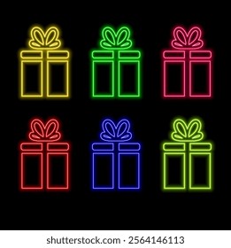 Neon light glow effect. Gift boxes line icon. Present or Sale sign. Birthday Shopping symbol. Package in Gift Wrap. 3d line neon glow icon. Brick wall banner. Surprise package outline. Vector.