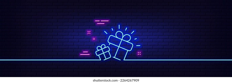 Neon light glow effect. Gifts line icon. Present box sign. Brand marketing symbol. 3d line neon glow icon. Brick wall banner. Gift outline. Vector