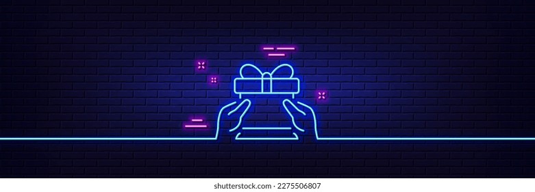 Neon light glow effect. Give a Gift box line icon. Present or Sale sign. Birthday Shopping symbol. Package in Gift Wrap. 3d line neon glow icon. Brick wall banner. Give present outline. Vector
