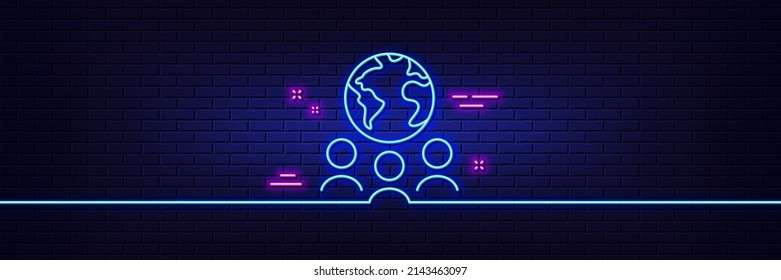 Neon light glow effect. Global business line icon. International outsourcing group sign. Internet marketing symbol. 3d line neon glow icon. Brick wall banner. Global business outline. Vector