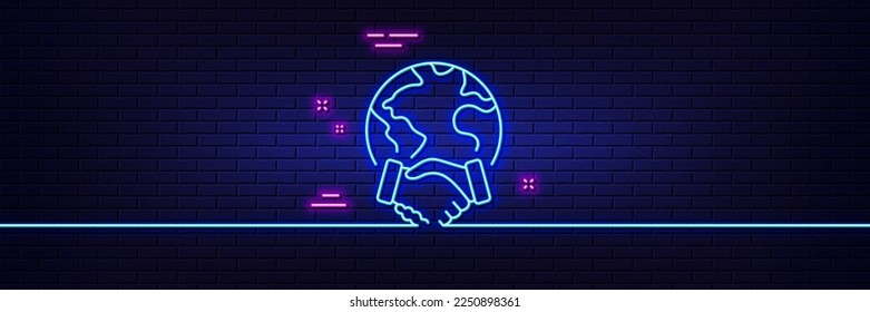 Neon light glow effect. Global business line icon. International outsourcing sign. Internet marketing symbol. 3d line neon glow icon. Brick wall banner. Global business outline. Vector